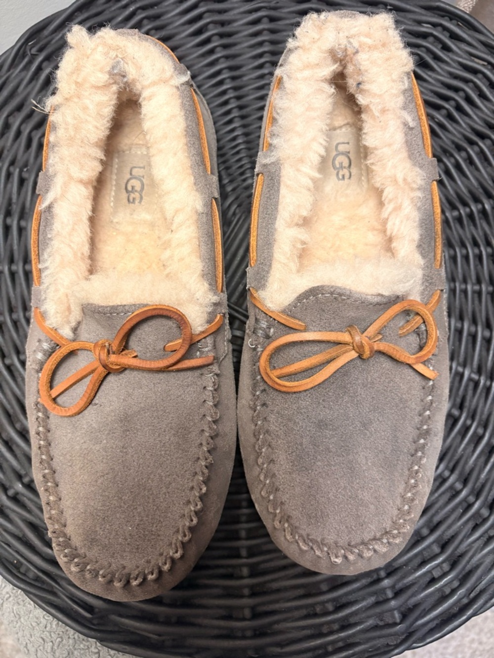 UGG Taupe Suede Shearling Moccasin Slippers with Tan Laces